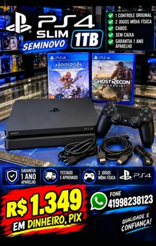 PS4 SLIM 1TB SEMINOVO,1 CONTROLE,2 JOGOS, GARANTIA 1 ANO, LOJA
