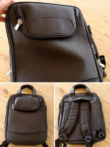 Bolsa tipo mochila com alça de mão e alça tiracolo couro café