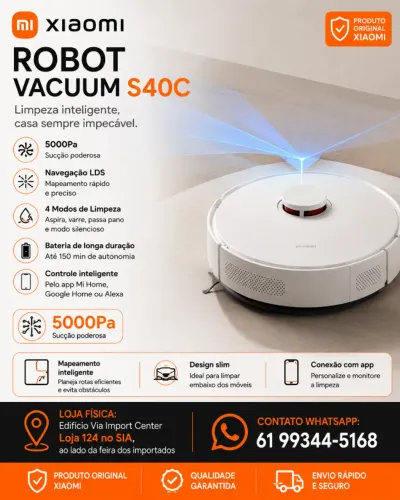 Aspirador Xiaomi Robô S40c, Mapeamento, Sucção 5 mil P.A, Novos, Loja Física, Garantia