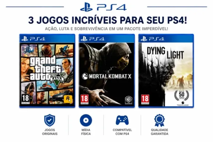 PlayStation 4 Pacote 3 Jogos: GTA V + Mortal Kombat X + Dying Light | PS4