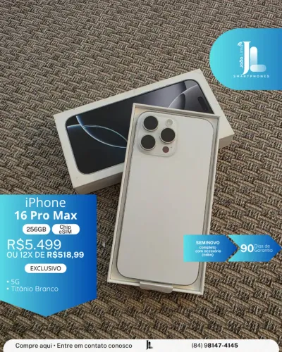 IPHONE 16 PRO MAX, 5G, 256GB, CHIP ESIM, TITÂNIO BRANCO, SEMINOVO , EXCLUSIVO!
