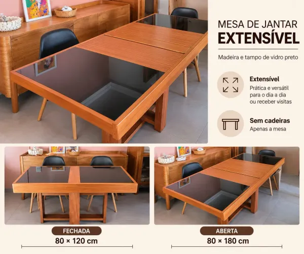 Mesa Extensível de Madeira e Tampo de Vidro