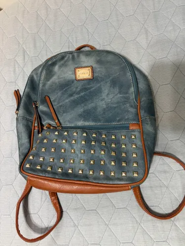 Mochila de couro sintético jeans feminina