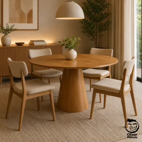 MESA DE JANTAR 110CM DE DIÂMETRO BASE MADEIRA MACIÇA E TAMPO LÂMINA DE MADEIRA NATURAL