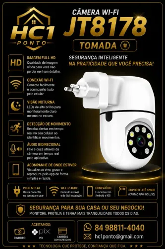 Câmera wi-fi interna conexão tomada 2 pinos