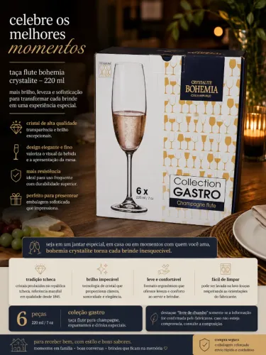 Jogo 6 Taças Champagne Flute Cristal 220ml Crystal Bohemia