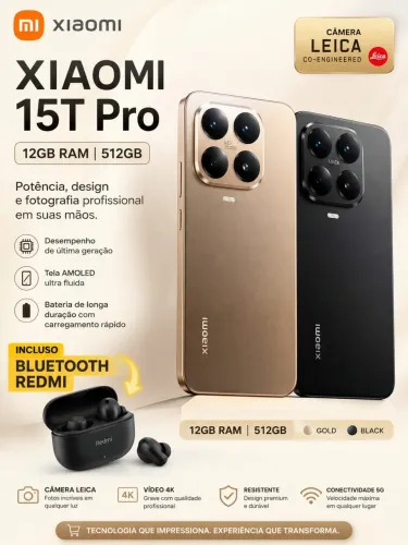 Xiaomi 15T Pro 5G 12GB 512GB Gold e Black + Fone Bluetooth de Brinde