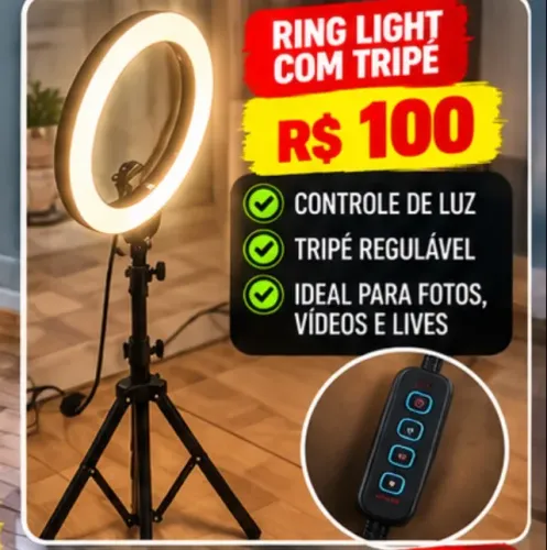 Ring Light com Tripé e Controle de Luz - R$ 100 - Mudança Urgente Barato