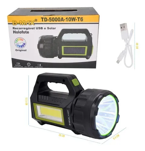Lanterna Holofote de Mão Recarregável USB e Solar B Max TD-5000A-10W-T6