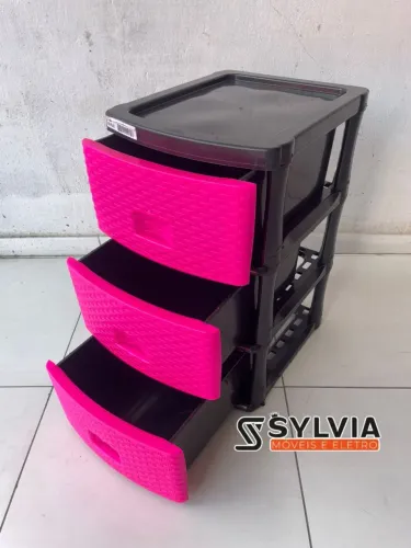 Gaveteiro 3 Gavetas Organizador Plástico Preto e Rosa