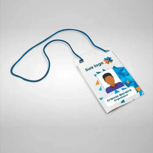 crachá com presilha ou credencial com cordão plastificados