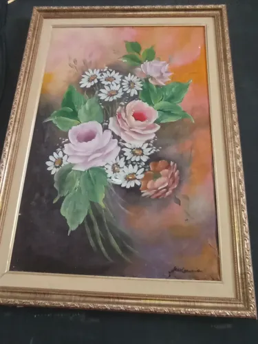 Quadro pintado a mão, floral vintage com moldura dourada