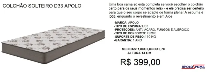 Colchão solteiro D33 tipo firme