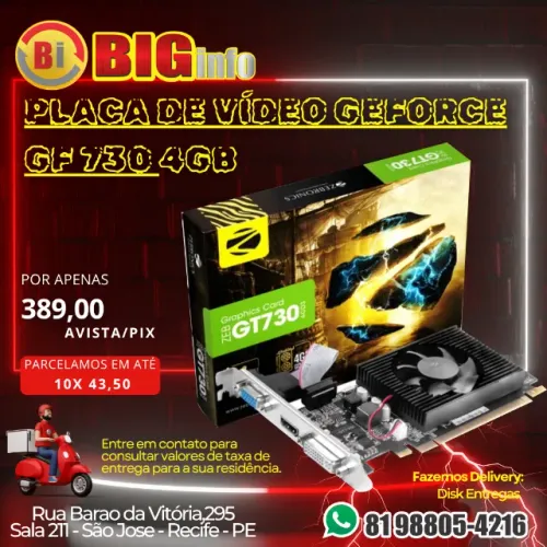 Placa De Vídeo Vga Gt 730 4gb 128bits Ddr3 Hdmi Vga - Em ate 10x Fixas 