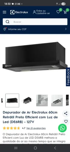 Depurador de Ar Electrolux 60cm Retrátil Preto Efficient com Luz de Led (DE6RB) - 220v