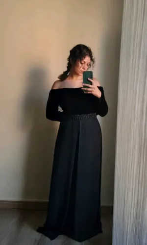 Vestido longo preto com veludo alemão