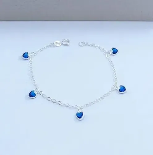 Pulseira Prata 925 Corações com Zircônia Azul Feminina