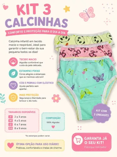 Calcinha infantil 100% algodão 