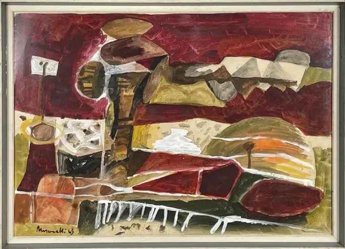 Notável obra acrílica sobre cartão de Maranelli, datada de 1963 e medindo 57 x 81