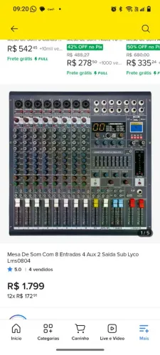 Mesa de som lyco, 8 canais, 4 auxiliares