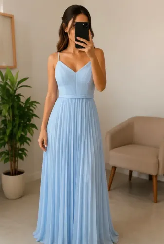 Vestido de Festa Longo Azul Serenity, com brilho e plissado - TAM. M