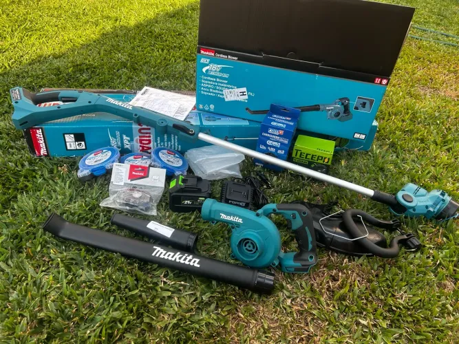 Kit Makita 18V Roçadeira/Aparador + Soprador de Folhas + Bateria/Carregador + Acessórios