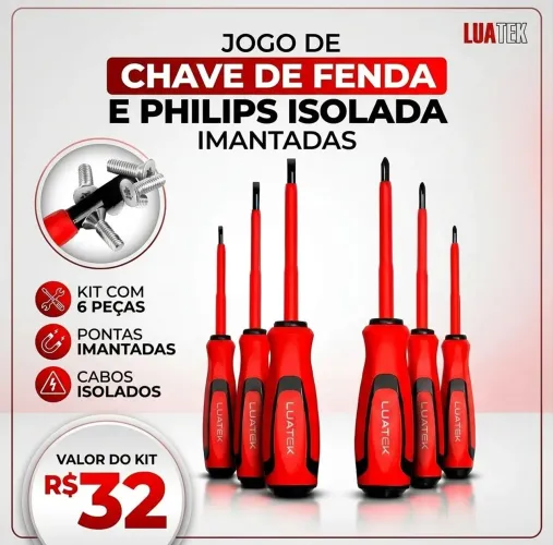 Jogo de Chaves de Fenda e Phillips Isoladas e Imantadas Luatek - 6 Peças