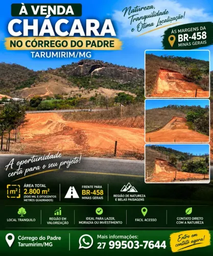 Chácara CÓRREGO DO PADRE - TARUMIRIM/MG, aceito ofertas <br>2.800 m² ÀS MARGENS DA BR-458