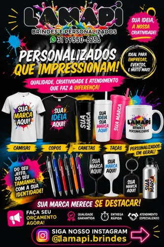 Trabalhamos com camisas canecas copos taças e personalizados em geral.