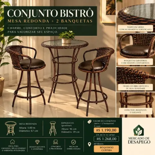 CONJUNTO BISTRÔ - MESA + 2 BANQUETAS GIRATÓRIAS