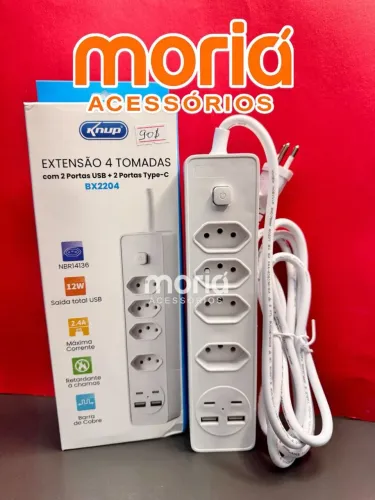 Extensão Elétrica com 4 Tomadas + 2 Entradas Tipo-C + 2 USB