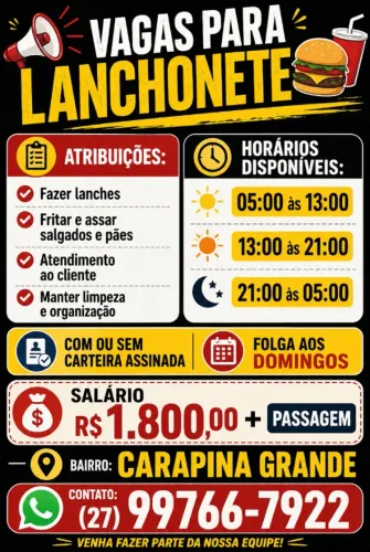 VAGAS PARA LANCHONETE