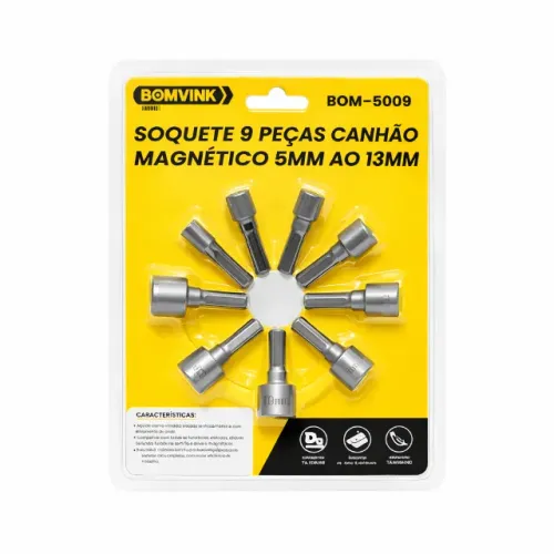 Kit Soquete Canhão Magnético 5 a 13mm 9 Peças BomVink BOM-5009 CRV Profissional pode retir