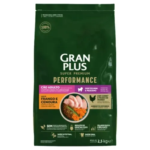 Ração GranPlus Performance Cães Adultos Mini e Pequeno Frango e Cenoura - 2,5kg