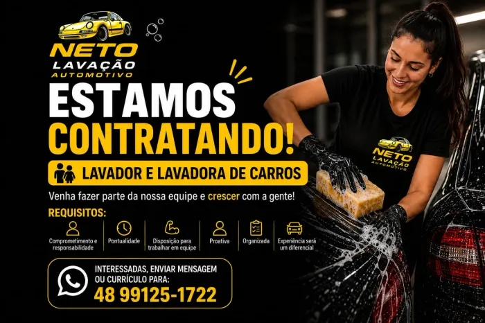 Vaga para Lavador(a) de Carros - Contratação Imediata | Neto Lavação Automotivo