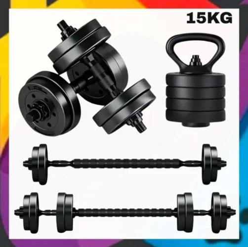 Kit Halteres, Anilhas, Barras e kettlebell Ajustáveis de 15 kilos com colchonete de brinde