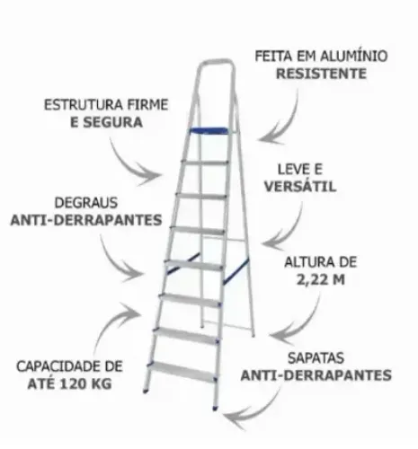 Escada De Alumínio 8 Degraus 120kg