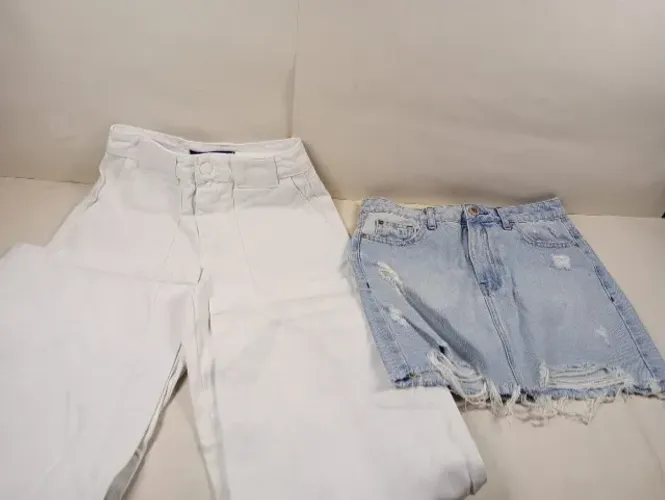 Kit Lote 3 Peças Femininas (Saia Jeans Blue Steel 34 + Calça Jeans Branca + Calça Tecido M