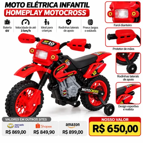 MOTO ELÉTRICA INFANTIL 6V HOMEPLAY MOTOCROSS - VERMELHA