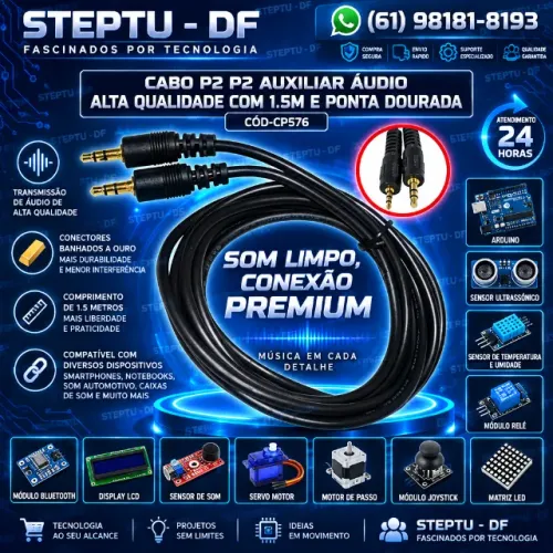 Cabo P2 P2 Auxiliar Áudio Alta Qualidade Com 1.5m E Ponta Dourada Arduino COD-CP576