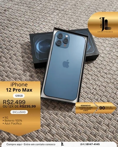 IPHONE 12 PRO MAX, 128GB, AZUL PACÍFICO, BAT 100%, NA CAIXA, SEMINOVO, EXCLUSIVO!