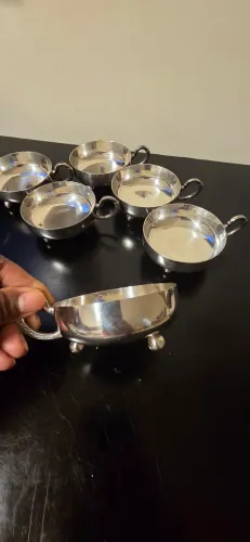 Antigo Cj 6 Taças / Consommés Prateados c/ Asa e Pés Bola Art Déco