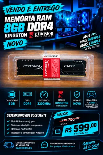 Memória RAM 8GB DDR4 Kingston - Nova ? Produto novo ? Marca: Kingston HyperX Fury ? Capac