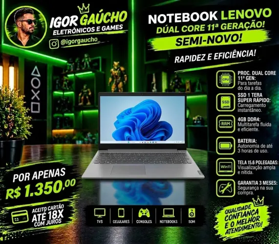 NOTEBOOK LENOVO, Dual core 11 geração, 1tera SSD Rápido, 4gb ddr4, windows 11, bateria 3h