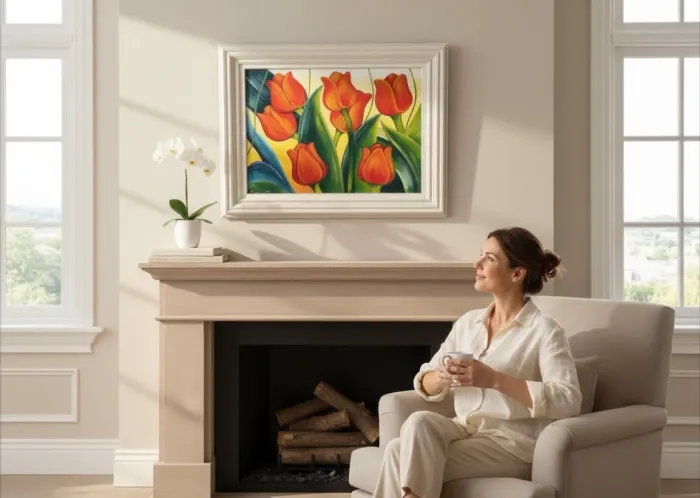 quadro decorativo pintado a mão, pintura a óleo, retratando tulipas