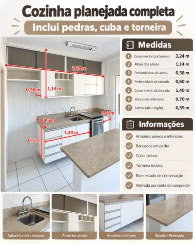 Cozinha Completa com Armários, Bancadas de Pedra, Cuba e Torneira
