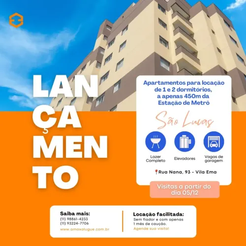 LANÇAMENTO PARA LOCAÇÃO VILA EMA | APARTAMENTOS NOVOS | 1 OU 2 DORM | PRÓXIMO AO METRÔ |