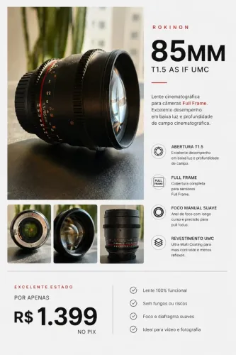 Lente Samyang Rokinon 85mm T1.5 Cine Full Frame Canon EF
