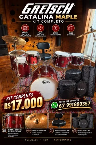 KIT BATERIA + PRATOS + BAGS + BANCO PROFISSIONAL