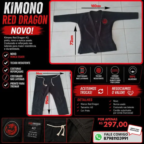 Kimono Red Dragon A3 Preto NOVO | Nunca Usado | R$ 297,00